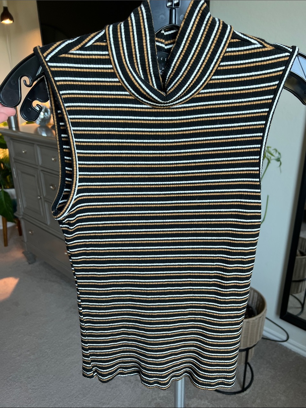 Sanctuary- Sleeveless Turtleneck Ribbed Stripe Tank - Black, White & Gold